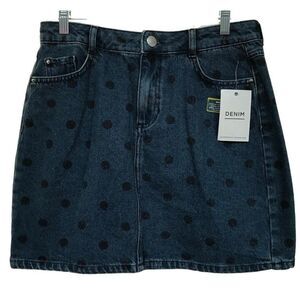 Dorothy Perkins Polka Dot Blue Denim Short Skirt 100% Cotton US 6 Eur 38 NEW